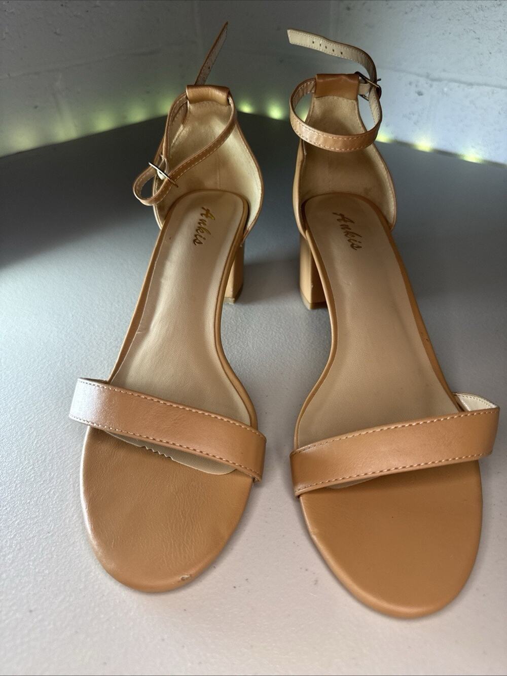 Ankita Women’s 10M Tan Faux Leather Ankle Strap Block Heel Buckle Sandals